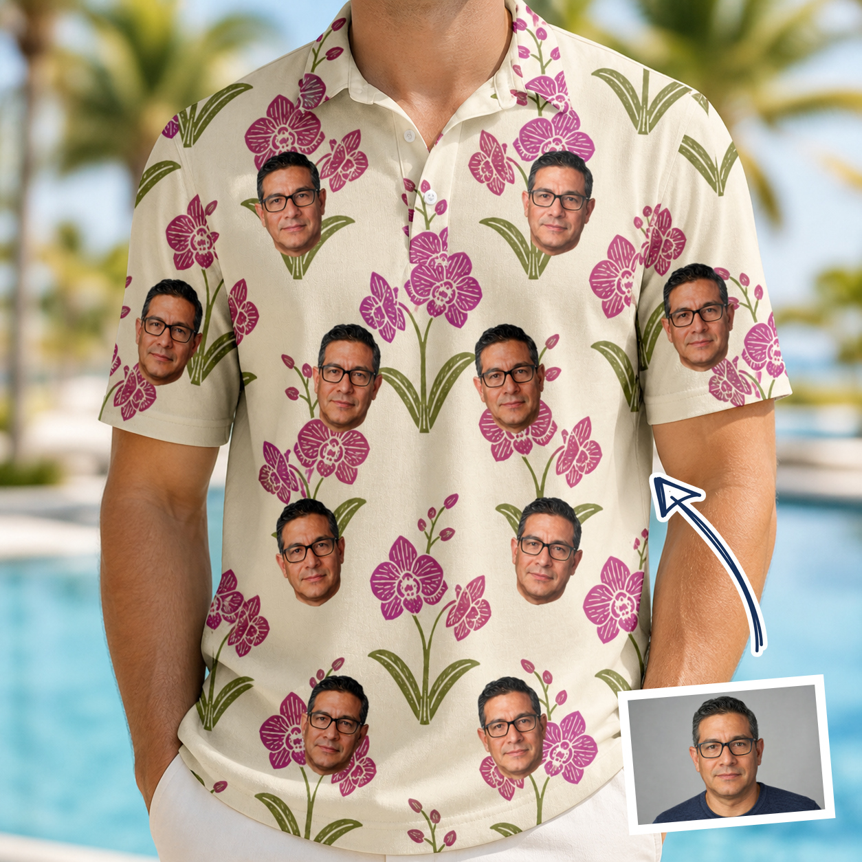 Man wearing Men's Velvet Vines Custom Face Polo Shirt — custom faces printed all-over