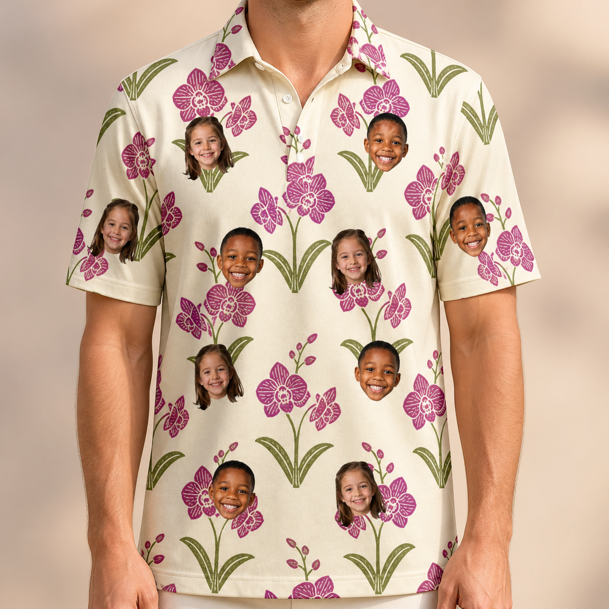 Model wearing Men's Velvet Vines Custom Face Polo Shirt printed with kids' faces