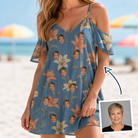 Woman wearing Women's Lily Limelight Custom Face Off-Shoulder Dress — custom faces printed all-over