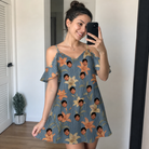 Real-life photo of someone wearing Women's Lily Limelight Custom Face Off-Shoulder Dress — custom faces printed all-over