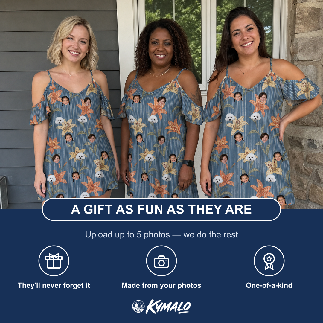 Friends in matching Women's Lily Limelight Custom Face Off-Shoulder Dress — a group gift photo