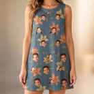 Model wearing Women's Lily Limelight Custom Face Tank Dress printed with kids' faces