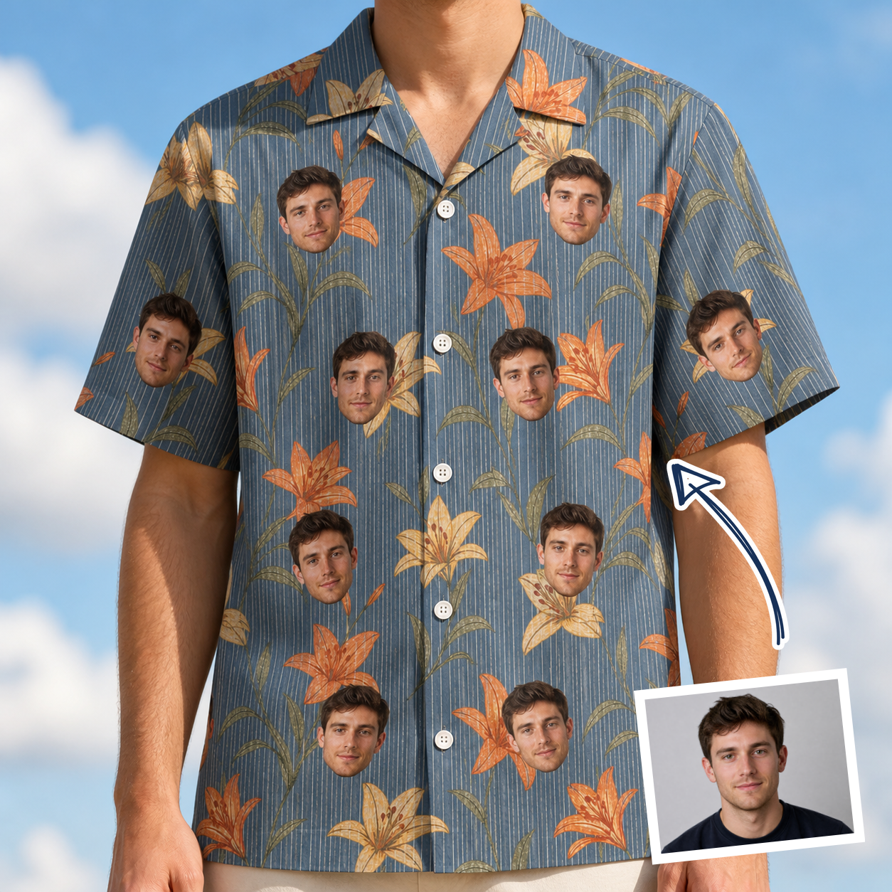 Man wearing Men's Lily Limelight Custom Face Hawaiian Shirt — custom faces printed all-over
