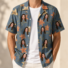 Man wearing Men's Lily Limelight Custom Face Hawaiian Shirt open over a white tee
