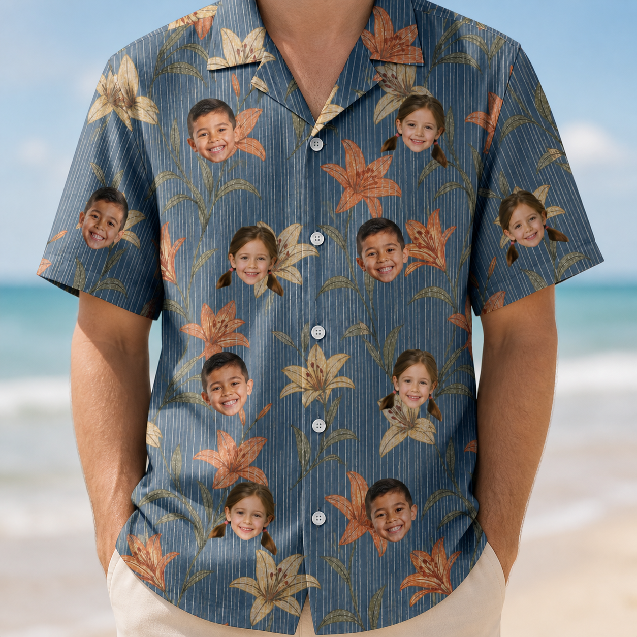 Model wearing Men's Lily Limelight Custom Face Hawaiian Shirt printed with kids' faces