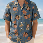 Model wearing Men's Lily Limelight Custom Face Hawaiian Shirt printed with kids' faces