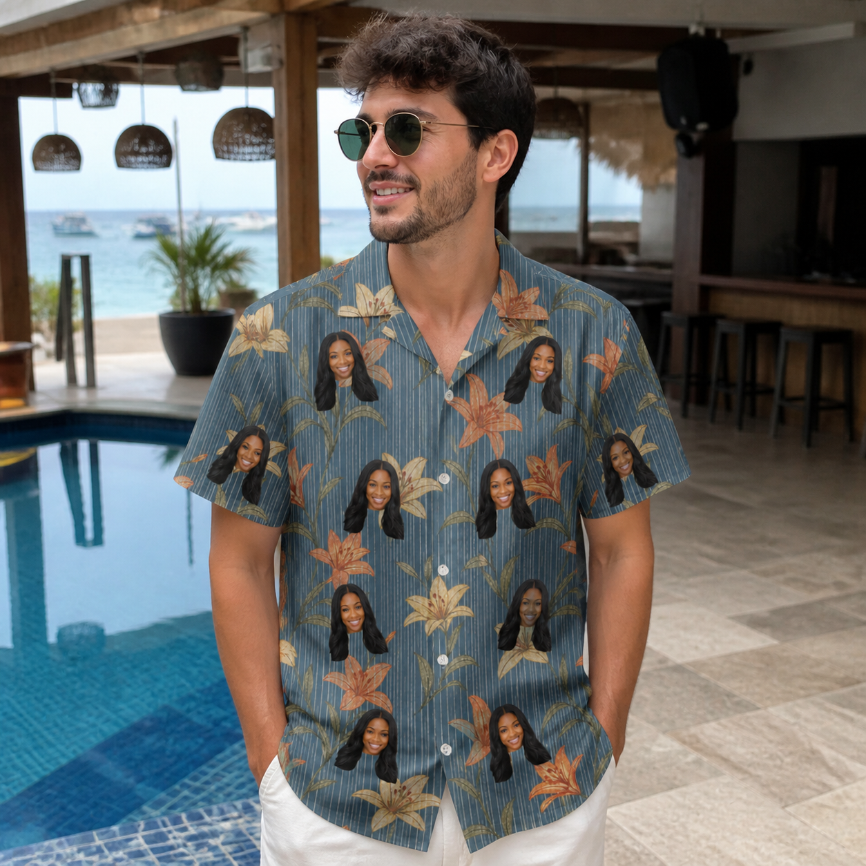 Real-life photo of someone wearing Men's Lily Limelight Custom Face Hawaiian Shirt — custom faces printed all-over