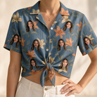 Woman wearing Women's Lily Limelight Custom Face Hawaiian Shirt tied at the waist
