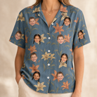 Model wearing Women's Lily Limelight Custom Face Hawaiian Shirt printed with kids' faces