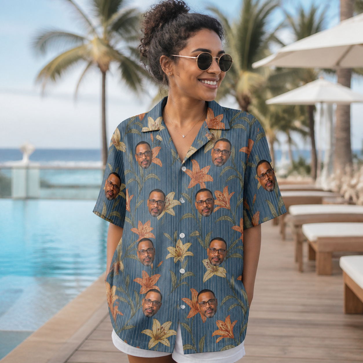 Real-life photo of someone wearing Women's Lily Limelight Custom Face Hawaiian Shirt — custom faces printed all-over