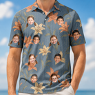Model wearing Men's Lily Limelight Custom Face Polo Shirt printed with kids' faces
