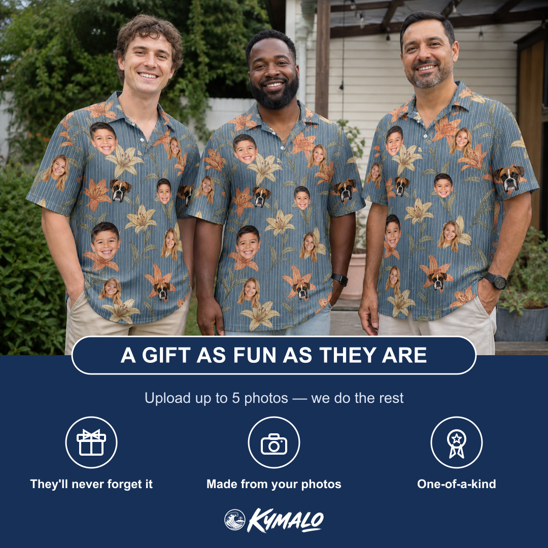 Friends in matching Men's Lily Limelight Custom Face Polo Shirt — a group gift photo
