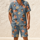 Model wearing Men's Lily Limelight Custom Face Shirt & Shorts Set printed with kids' faces