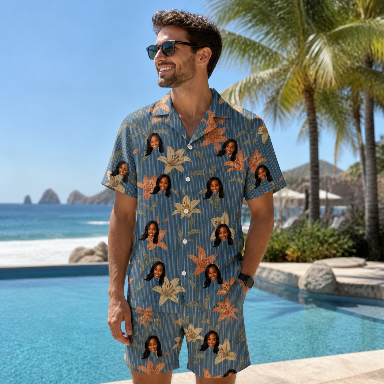 Real-life photo of someone wearing Men's Lily Limelight Custom Face Shirt & Shorts Set — custom faces printed all-over