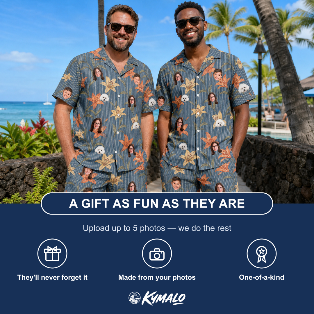Friends in matching Men's Lily Limelight Custom Face Shirt & Shorts Set — a group gift photo