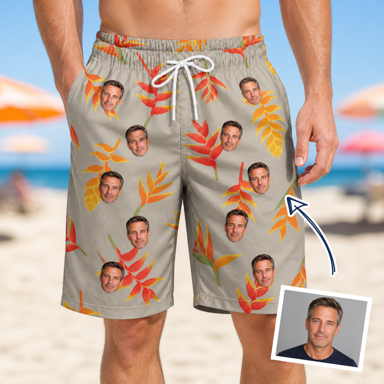Man wearing Men's Bract Attack Custom Face Beach Shorts — custom faces printed all-over