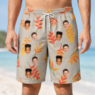 Model wearing Men's Bract Attack Custom Face Beach Shorts printed with kids' faces