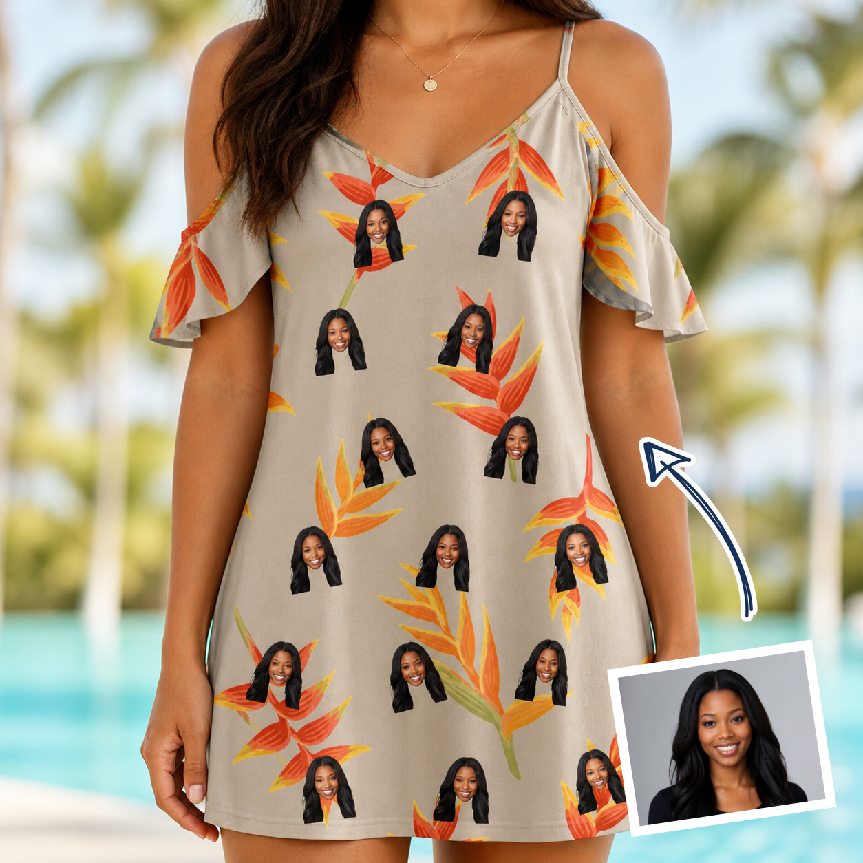 Woman wearing Women's Bract Attack Custom Face Off-Shoulder Dress — custom faces printed all-over