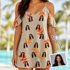 Woman wearing Women's Bract Attack Custom Face Off-Shoulder Dress — custom faces printed all-over