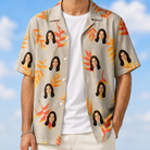 Man wearing Men's Bract Attack Custom Face Hawaiian Shirt open over a white tee