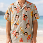 Model wearing Men's Bract Attack Custom Face Hawaiian Shirt printed with kids' faces