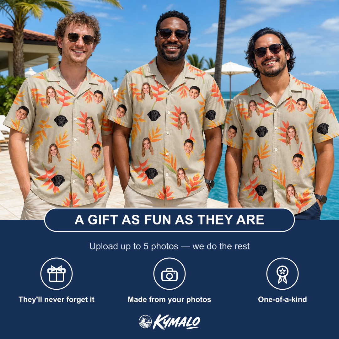 Friends in matching Men's Bract Attack Custom Face Hawaiian Shirt — a group gift photo