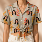 Woman wearing Women's Bract Attack Custom Face Hawaiian Shirt tied at the waist