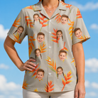 Model wearing Women's Bract Attack Custom Face Hawaiian Shirt printed with kids' faces