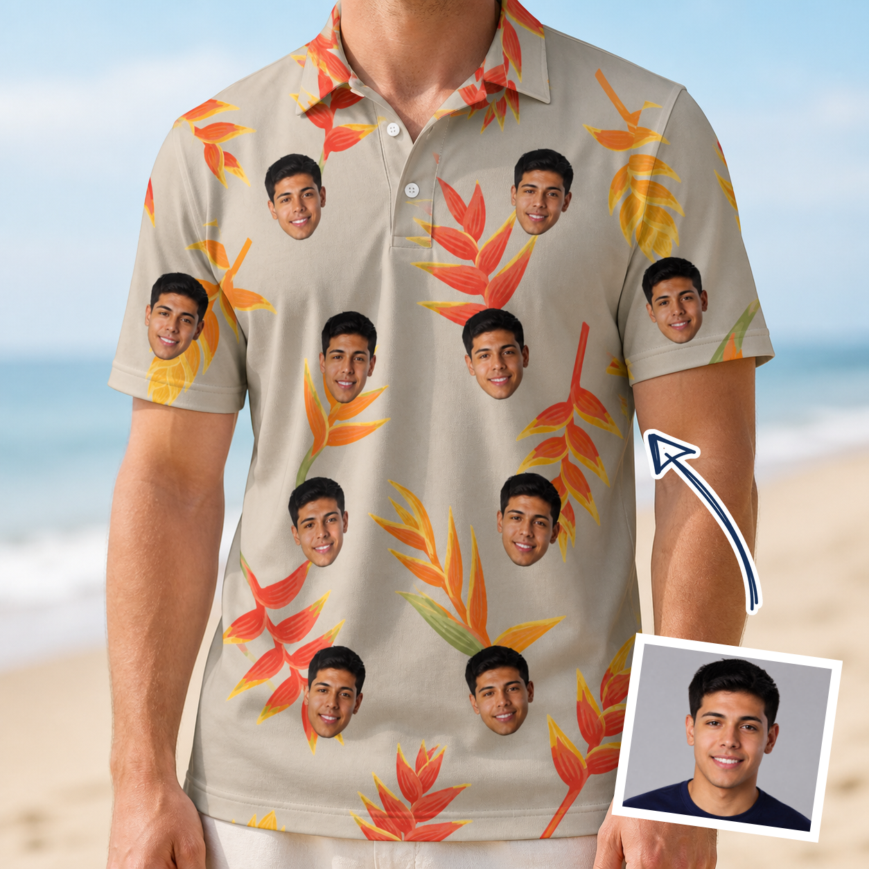 Man wearing Men's Bract Attack Custom Face Polo Shirt — custom faces printed all-over