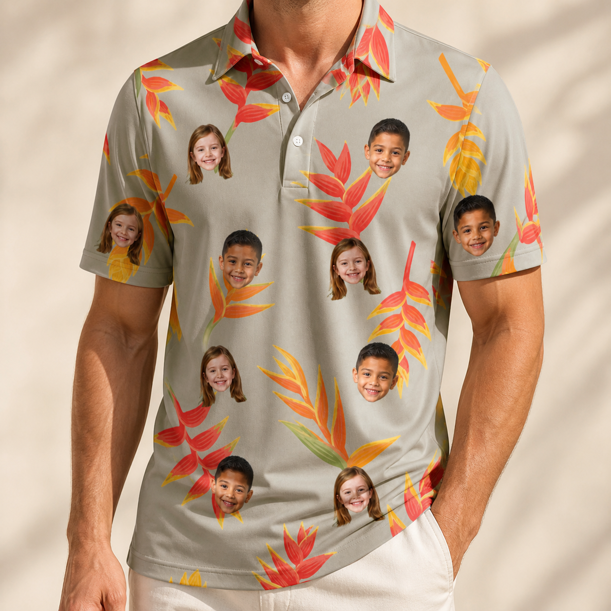 Model wearing Men's Bract Attack Custom Face Polo Shirt printed with kids' faces
