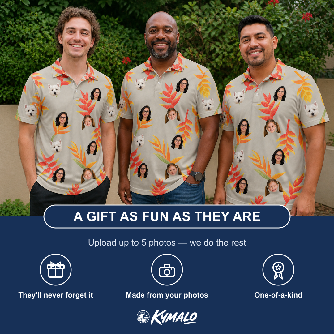 Friends in matching Men's Bract Attack Custom Face Polo Shirt — a group gift photo