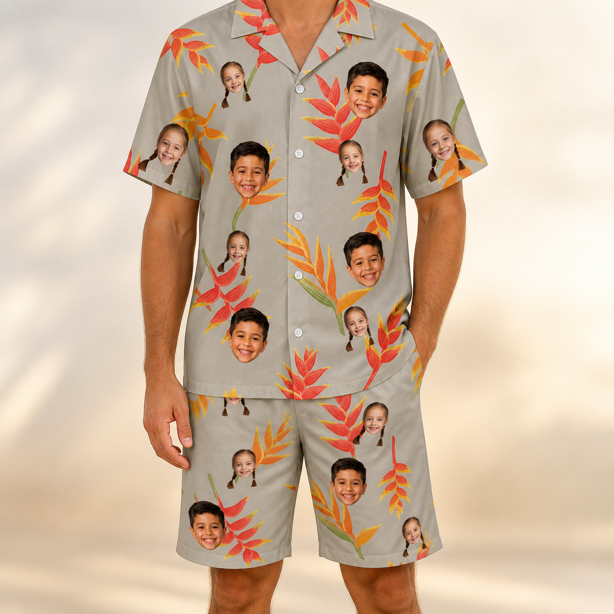 Model wearing Men's Bract Attack Custom Face Shirt & Shorts Set printed with kids' faces