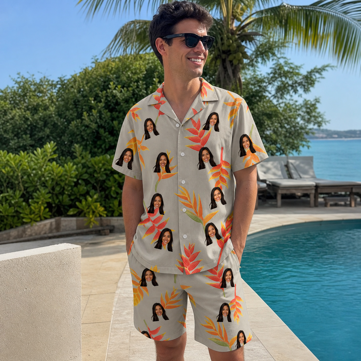 Real-life photo of someone wearing Men's Bract Attack Custom Face Shirt & Shorts Set — custom faces printed all-over