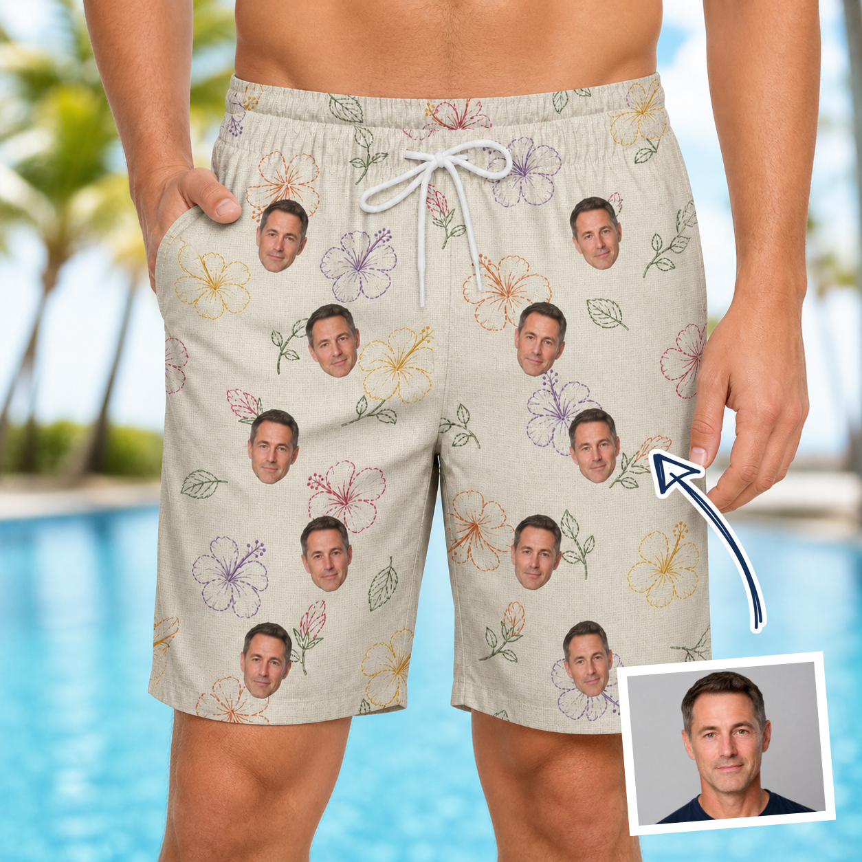 Man wearing Men's Crimson Calyx Custom Face Beach Shorts — custom faces printed all-over