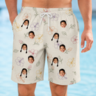 Model wearing Men's Crimson Calyx Custom Face Beach Shorts printed with kids' faces