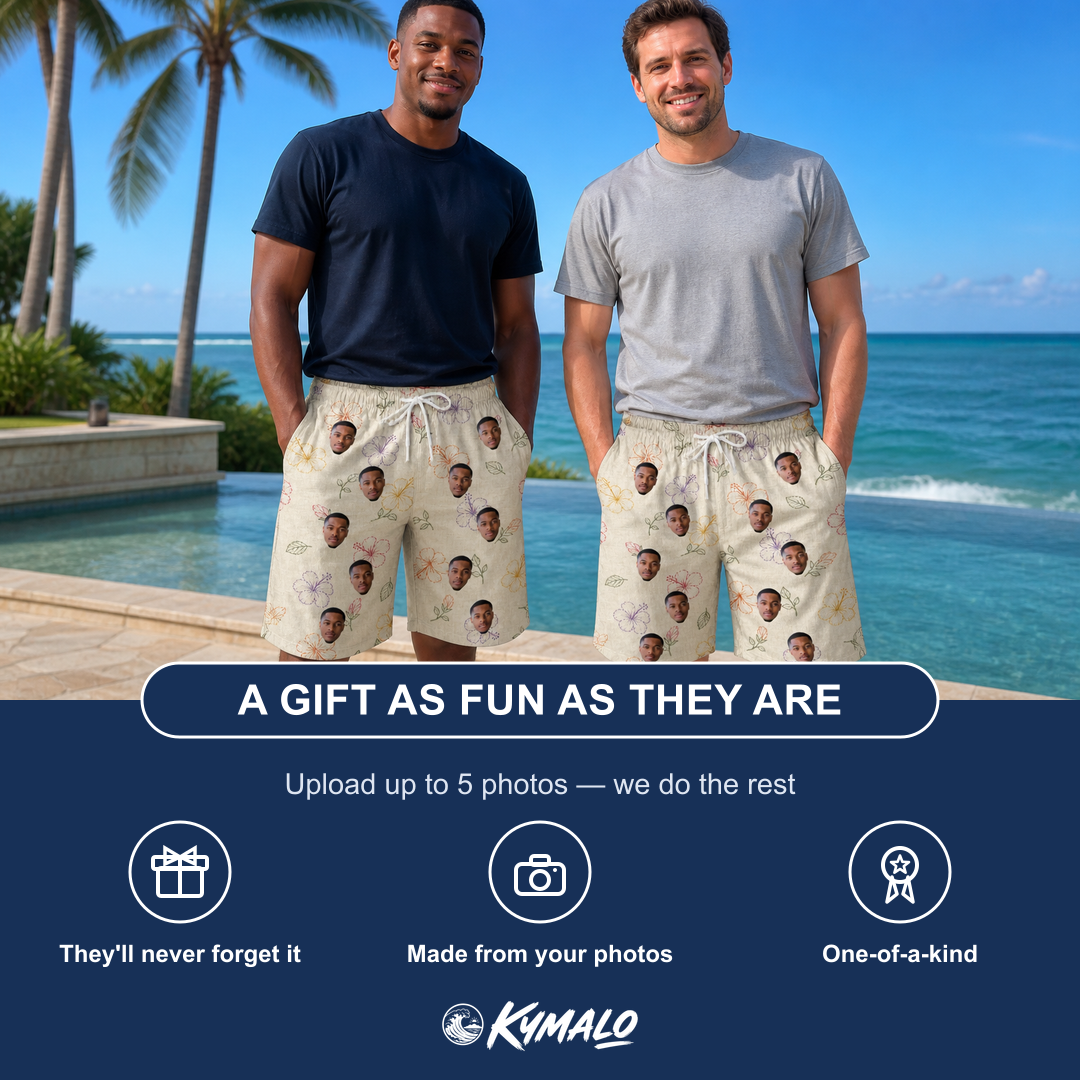 Friends in matching Men's Crimson Calyx Custom Face Beach Shorts — a group gift photo