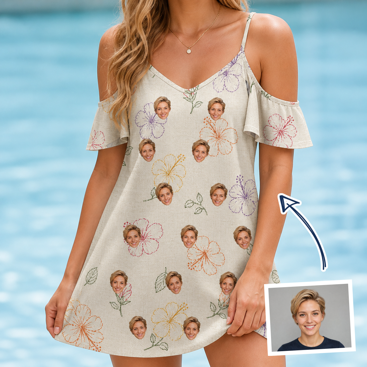 Woman wearing Women's Crimson Calyx Custom Face Off-Shoulder Dress — custom faces printed all-over