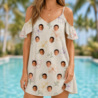 Model wearing Women's Crimson Calyx Custom Face Off-Shoulder Dress printed with kids' faces