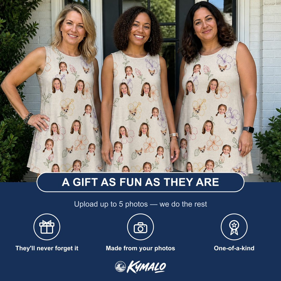 Friends in matching Women's Crimson Calyx Custom Face Tank Dress — a group gift photo