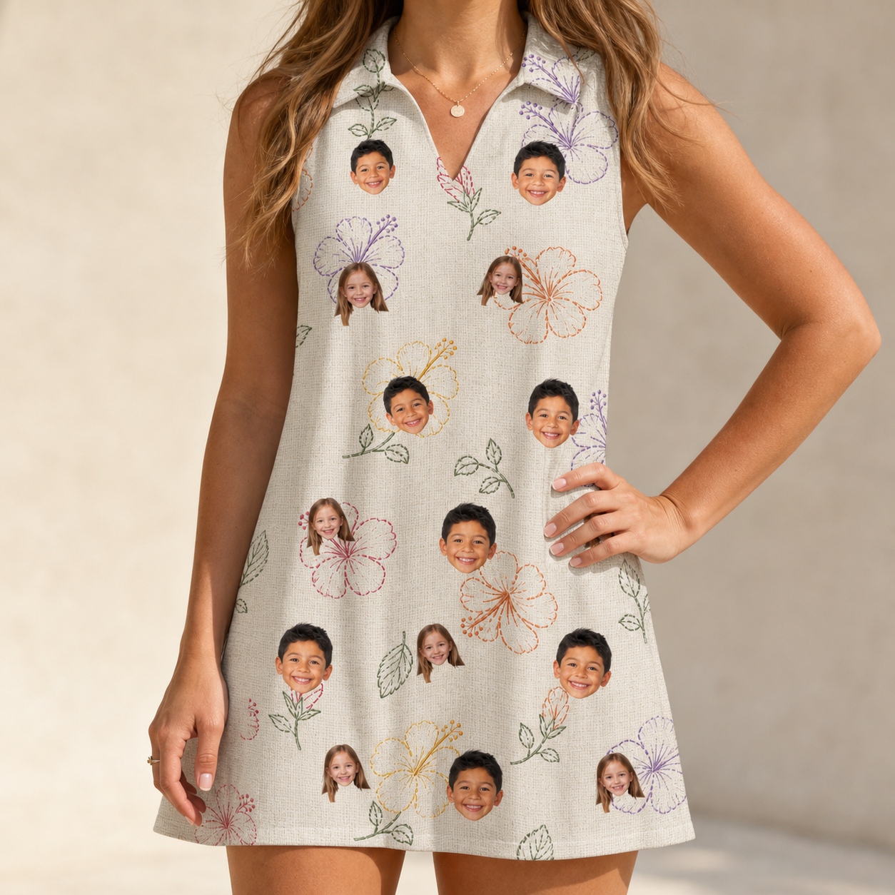 Model wearing Women's Crimson Calyx Custom Face V-Neck Dress printed with kids' faces