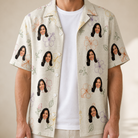 Man wearing Men's Crimson Calyx Custom Face Hawaiian Shirt open over a white tee