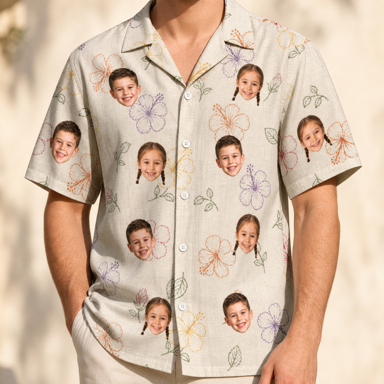 Model wearing Men's Crimson Calyx Custom Face Hawaiian Shirt printed with kids' faces