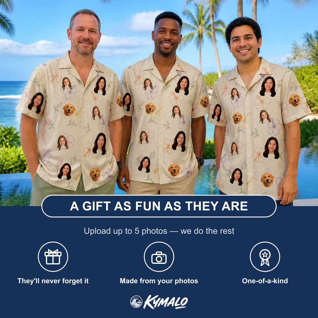 Friends in matching Men's Crimson Calyx Custom Face Hawaiian Shirt — a group gift photo