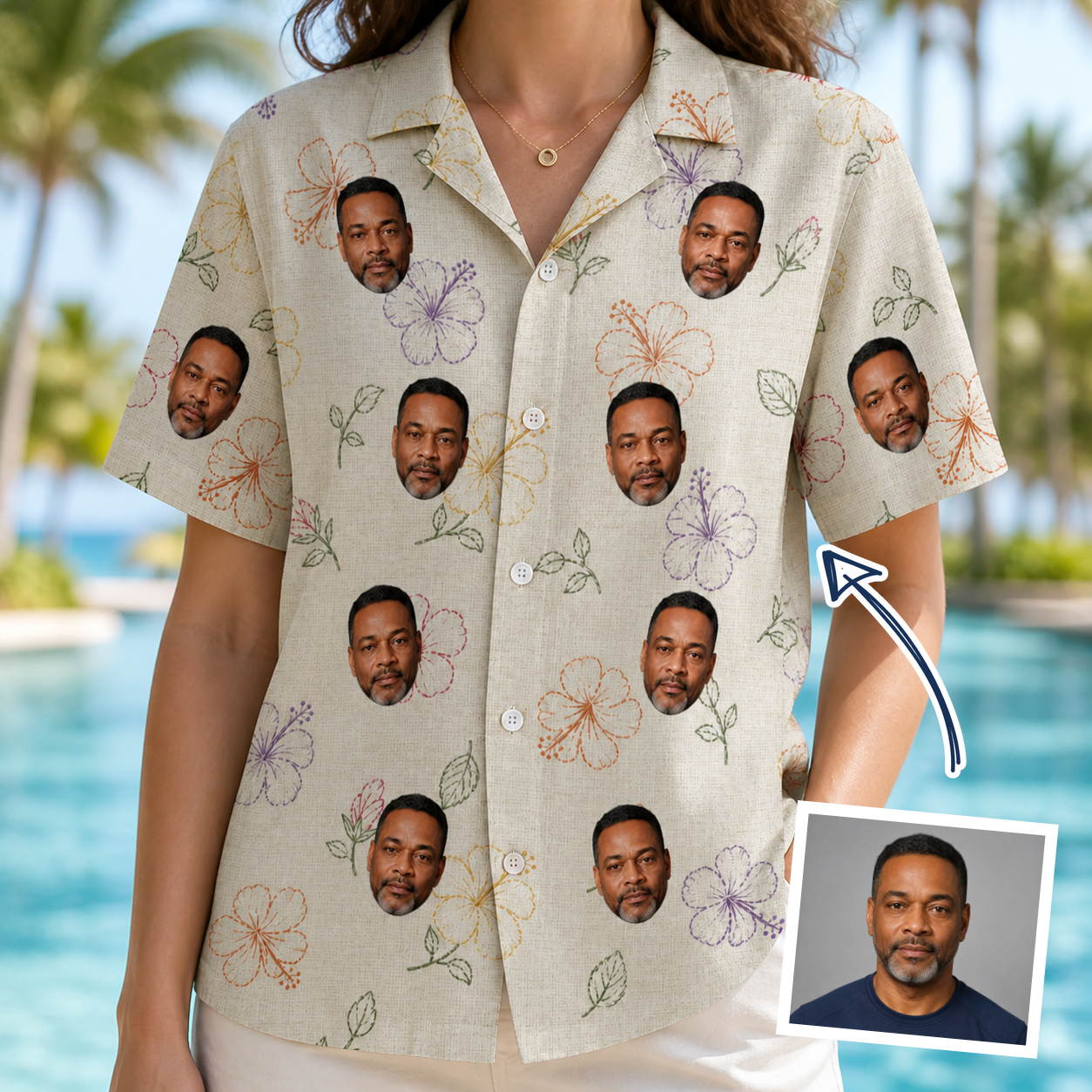 Woman wearing Women's Crimson Calyx Custom Face Hawaiian Shirt — custom faces printed all-over
