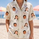 Model wearing Women's Crimson Calyx Custom Face Hawaiian Shirt printed with kids' faces