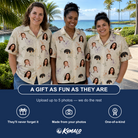 Friends in matching Women's Crimson Calyx Custom Face Hawaiian Shirt — a group gift photo