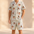 Model wearing Men's Crimson Calyx Custom Face Shirt & Shorts Set printed with kids' faces