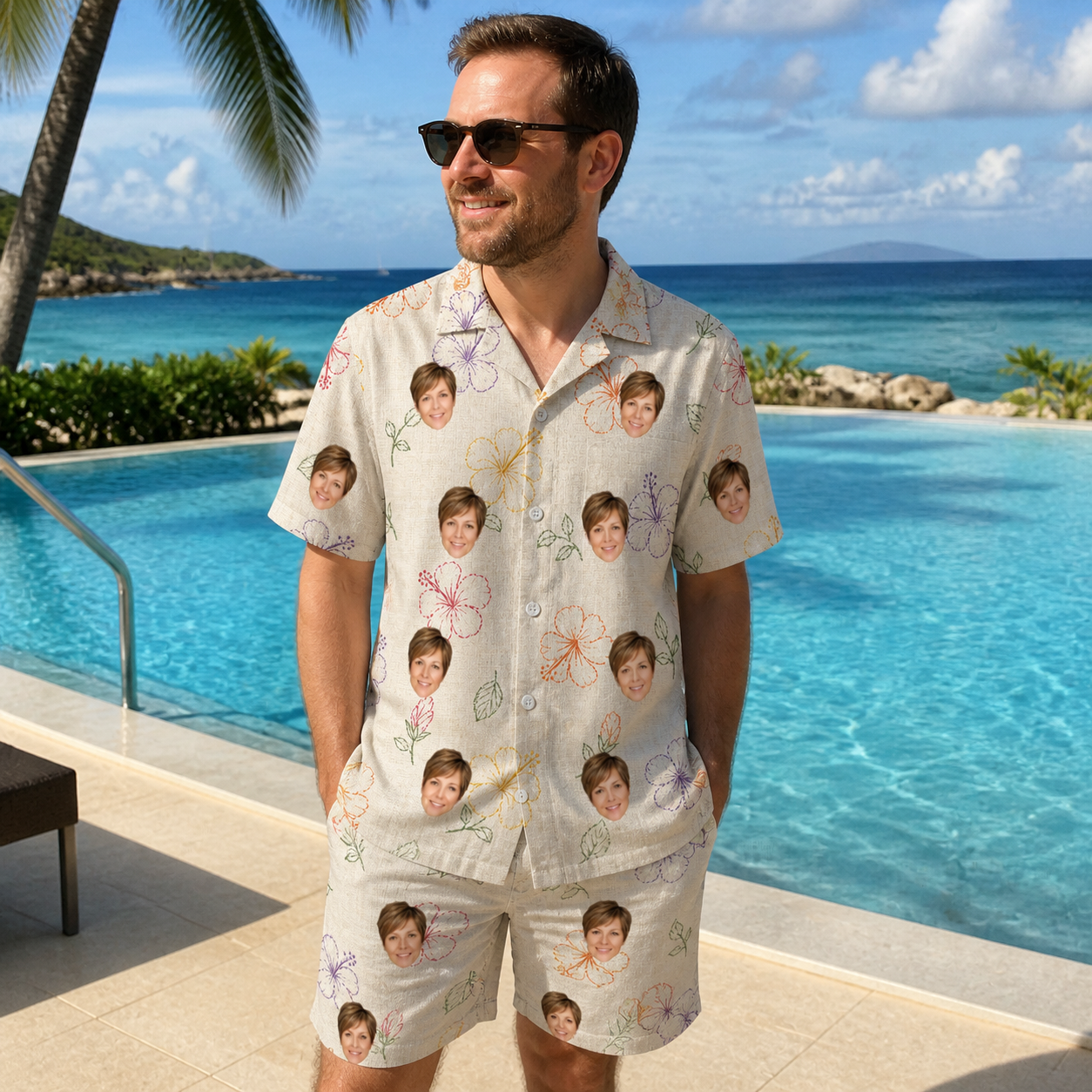 Real-life photo of someone wearing Men's Crimson Calyx Custom Face Shirt & Shorts Set — custom faces printed all-over