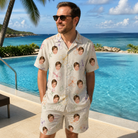 Real-life photo of someone wearing Men's Crimson Calyx Custom Face Shirt & Shorts Set — custom faces printed all-over