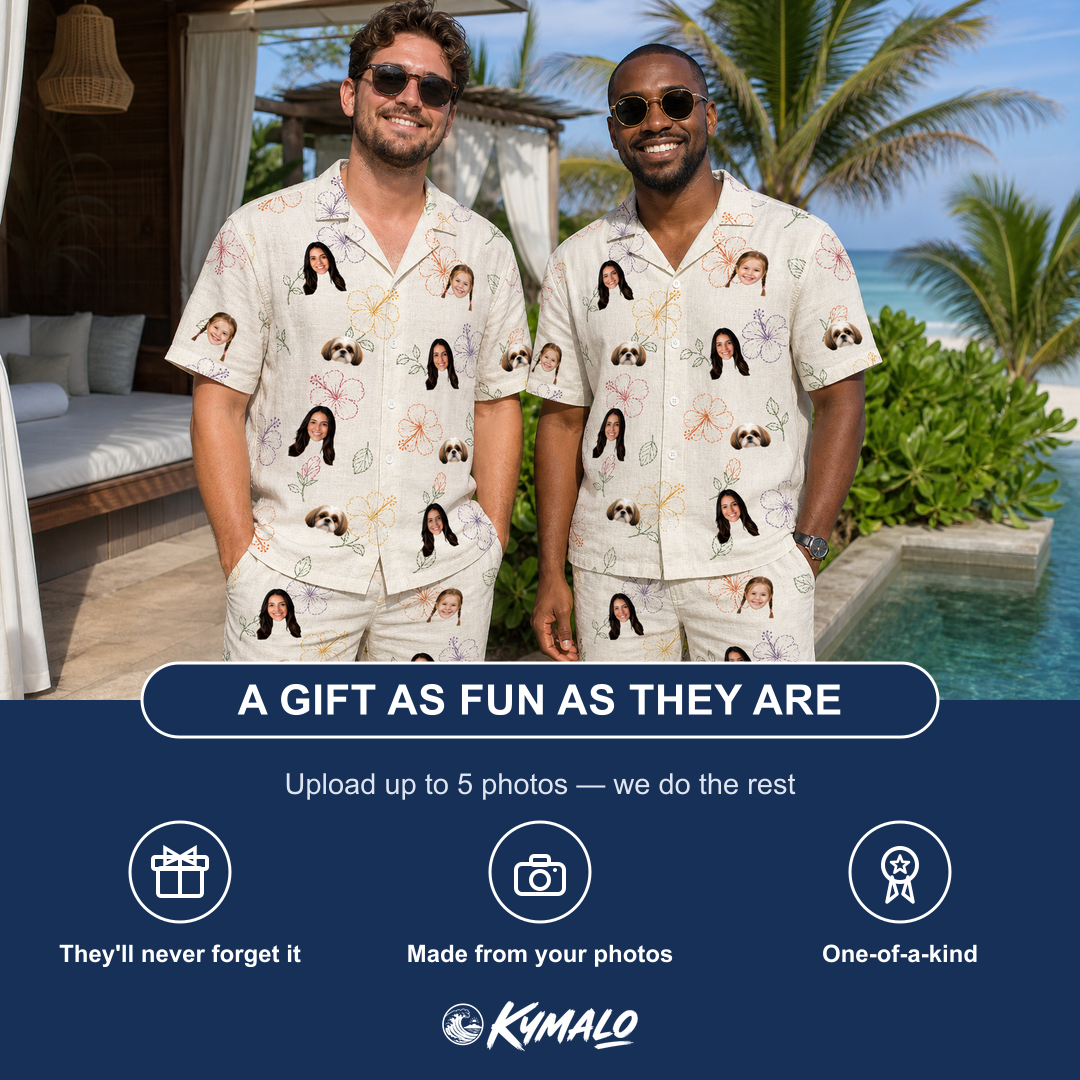 Friends in matching Men's Crimson Calyx Custom Face Shirt & Shorts Set — a group gift photo